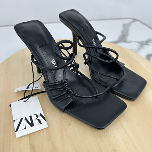 Zara Womens Leather Asymmetrical Heeled Sandals Size 7 Minimalist - Picture 1 of 14